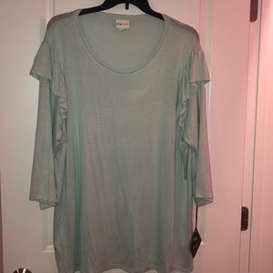 Light blue 3/4 length sleeve ruffle sleeve shirt